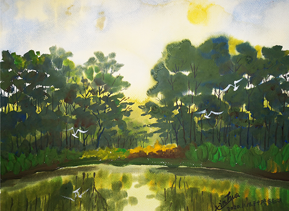 徐新华作品 成都青龙湖之晨，水粉，40X20Cm